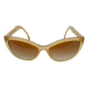 Chanel 5409-A Beige Cat Eye Sunglasses w/ Raffia Braid Temples & Case